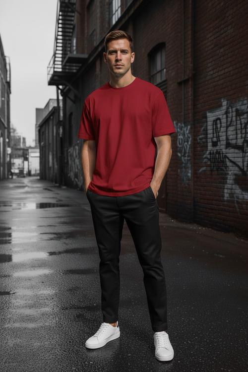 NAURA red t-shirt full body urban street shot