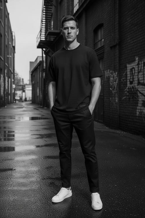 NAURA black t-shirt full body urban street shot